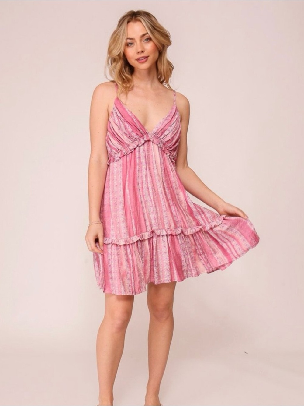 Lumiere Pink Patterned Babydoll Dress With Spaghetti Straps